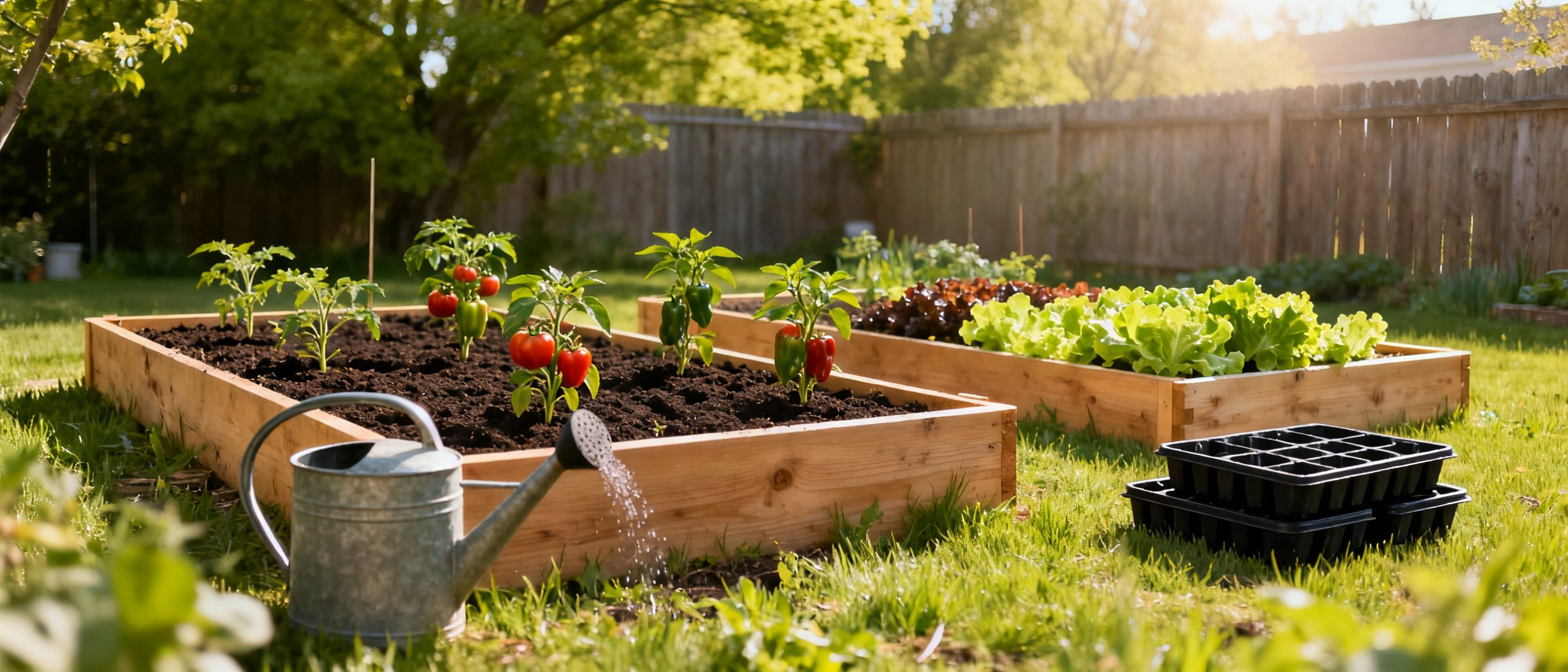 Young vegetable transplants freshly planted in raised wooden garden beds on a spring morning